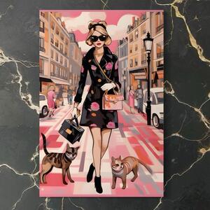 Tablou Canvas Premium LuxCanva® C1151, Lady Walking With Cats , Culori, Fashion, Animals, Beauty, Living Room, Bar, Relaxare, Culori Vibrante