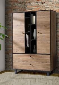Cabinet din metal si pal, cu 2 sertare, 2 usi si LED inclus Sedna Tall Stejar / Negru, l104,9xA42xH157 cm