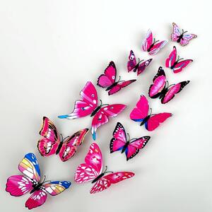 Autocolant de perete "Fluturi 3D din plastic realist - roz” 12 buc 5-12 cm