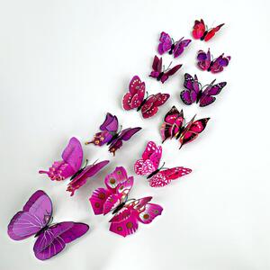 Autocolant de perete "Fluturi 3D din plastic realist cu aripi duble - violet” 12 buc 6-12 cm