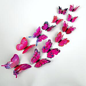 Autocolant de perete "Fluturi 3D din plastic realist cu aripi duble - roz” 12 buc 6-12 cm