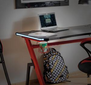 Masa de birou din furnir si metal, cu LED inclus, Benny-006 Negru / Rosu, L120xl66xH75 cm