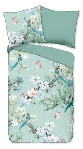 Lenjerie de pat din bumbac organic pentru pat dublu Descanso Flowery, 200 x 220 cm, verde