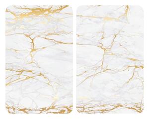 Set 2 protecții din sticlă pentru aragaz Wenko Marble, 52 x 30 cm , alb - auriu