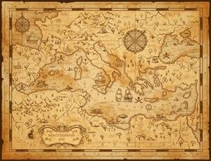 Harta Old vintage map of Mediterranean sea, pirate sail, seamartini