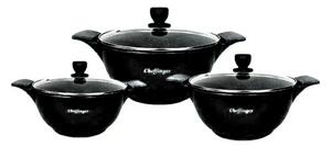 Set 3 Cratite Cheffinger cu Capac Acoperire cu Marmura Antiaderenta Negru