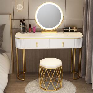 Set Lisa, Masă de toaletă pentru machiaj cu oglindă iluminată LED, control touch, sertar, taburet tapitat, Bej, 100x40x75 cm
