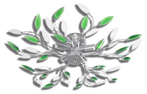Plafoniera verde/albă, cu brațe frunze cristal acrilic, 5 becuri E14