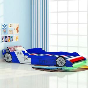 Pat copii mașină de curse, cu LED, 90 x 200 cm, albastru