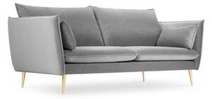 Canapea 3 locuri Agate cu tapiterie din catifea, picioare din metal auriu, gri deschis