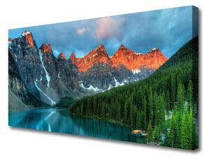 Tablou pe panza canvas Mountain Lake Forest Peisaj Albastru Verde Gri Galben