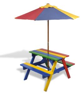 Masă de picnic pentru copii cu bănci & umbrelă, lemn multicolor