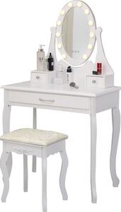 Set Maria, masă de toaletă cu oglindă iluminată LED, control touch, 3 sertare, scaun, Alb