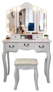 Set Elisabeta, Masă de toaletă cu 3 oglinzi iluminate LED, control touch, 5 sertare, scaun, Alb