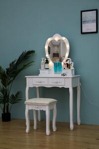 Set Ilona, Masă de toaletă cu oglindă iluminată LED, control touch, 4 sertare, scaun, Alb