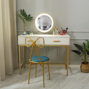 Set Iasmina, Masă de toaletă pentru machiaj cu oglindă iluminată LED, control touch, 2 sertare, scaun, Alb