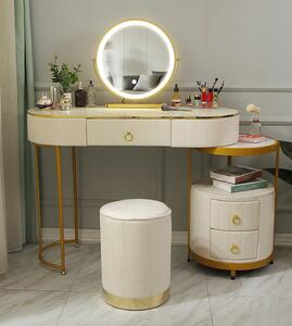 Set Elora, Masă de toaletă pentru machiaj cu oglindă iluminată LED, control touch, 3 sertare, taburet, Ivory