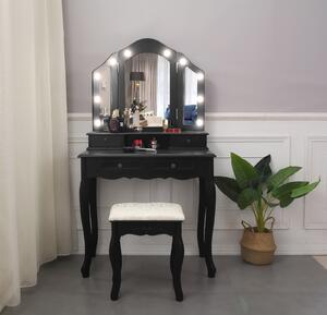 Set Aniela, Masă de toaletă cu 3 oglinzi iluminate LED, control touch, 4 sertare, scaun, Negru