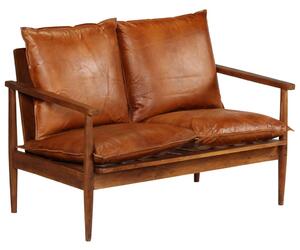 Set canapea, 3 piese, maro, piele naturală/lemn masiv acacia
