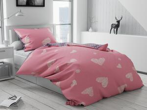 Lenjerie de pat cu 2 fete din bumbac Inimi si buline roz