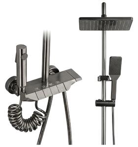 Set Duș cu Coloană și 4 Funcții, Cap Ploaie 24,9 x 14,9 cm, Pulverizator Bideu, Gri Grafit