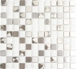 Mozaic sticlă-aluminiu XAM A841, mix alb-metal lucios 32,7x30,2 cm