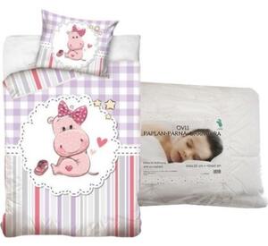 Set lenjerie de pat Hipopotam, carouri și dungi (roz/violet) pentru copii