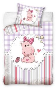 Lenjerie de pat Hipopotam, carouri și dungi (roz/violet) pentru copii