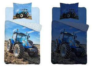 Lenjerie de pat Tractor fosforescentă (albastră, câmp)