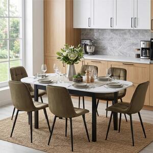Set Masă Extensibilă Carla Albă 134–174 × 80 cm cu 6 Scaune Gya Maro, Tapițate, Picioare Metalice Negre