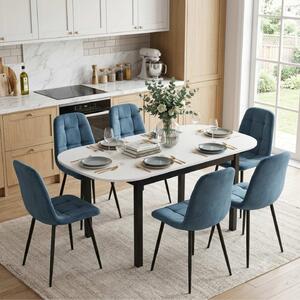 Set Masă Extensibilă Carla Albă 134–174 × 80 cm cu 6 Scaune Gya Turcoaz, Tapițate, Picioare Metalice Negre