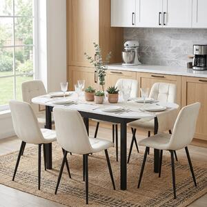 Set Masă Extensibilă Carla Albă 134–174 × 80 cm cu 6 Scaune Gya Crem, Tapițate, Picioare Metalice Negre