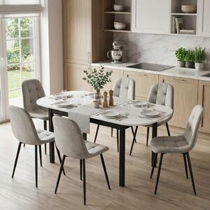Set Masă Extensibilă Carla Albă 134–174 × 80 cm cu 6 Scaune Gya Gri, Tapițate, Picioare Metalice Negre