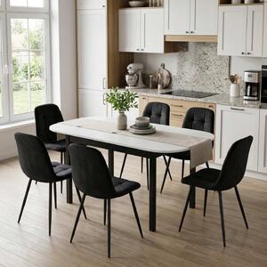 Set Masă Extensibilă Carla Albă 134–174 × 80 cm cu 6 Scaune Gya Negre, Tapițate, Picioare Metalice Negre