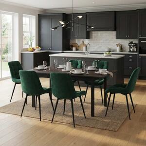 Set Masă Extensibilă Bucătărie / Dining Mara Wenge 130–170 × 75 cm cu 6 Scaune Onix Verde Închis, Tapițate, Picioare Metalice Negre