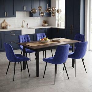 Set Masă Extensibilă Bucătărie / Dining Mara Wenge 130–170 × 75 cm cu 6 Scaune Onix Albastru, Tapițate, Picioare Metalice Negre