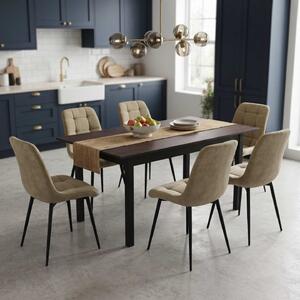 Set Masă Extensibilă Bucătărie / Dining Mara Wenge 130–170 × 75 cm cu 6 Scaune Onix Bej, Tapițate, Picioare Metalice Negre