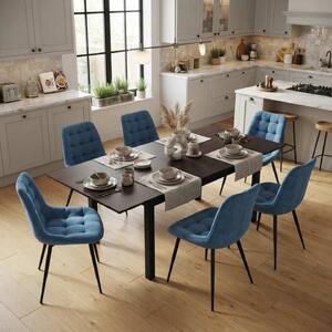Set Masă Extensibilă Bucătărie / Dining Mara Wenge 130–170 × 75 cm cu 6 Scaune Onix Turcoaz, Tapițate, Picioare Metalice Negre