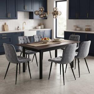 Set Masă Extensibilă Bucătărie / Dining Mara Wenge 130–170 × 75 cm cu 6 Scaune Onix Gri, Tapițate, Picioare Metalice Negre