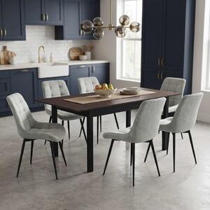 Set Masă Extensibilă Bucătărie / Dining Mara Wenge 130–170 × 75 cm cu 6 Scaune Onix Gri Deschis, Tapițate, Picioare Metalice Negre