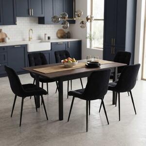 Set Masă Extensibilă Bucătărie / Dining Mara Wenge 130–170 × 75 cm cu 6 Scaune Onix Negru, Tapițate, Picioare Metalice Negre