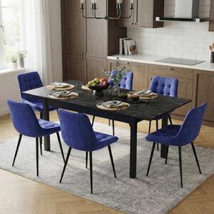 Set Masă Extensibilă Bucătărie / Dining Mara Negru Marmorat 130–170 × 75 cm cu 6 Scaune Onix Albastru, Tapițate, Picioare Metalice Negre