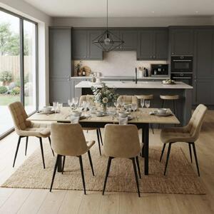Set Masă Extensibilă Bucătărie / Dining Mara Stejar 130–170 × 75 cm cu 6 Scaune Onix Bej, Tapițate, Picioare Metalice Negre