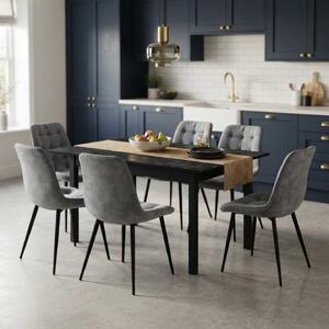 Set Masă Extensibilă Bucătărie / Dining Mara Negru Marmorat 130–170 × 75 cm cu 6 Scaune Onix Gri, Tapițate, Picioare Metalice Negre
