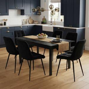 Set Masă Extensibilă Bucătărie / Dining Mara Negru Marmorat 130–170 × 75 cm cu 6 Scaune Onix Negru, Tapițate, Picioare Metalice Negre