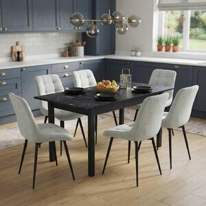 Set Masă Extensibilă Bucătărie / Dining Mara Negru Marmorat 130–170 × 75 cm cu 6 Scaune Onix Gri Deschis, Tapițate, Picioare Metalice Negre