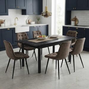 Set Masă Extensibilă Bucătărie / Dining Mara Negru Marmorat 130–170 × 75 cm cu 6 Scaune Onix Maro, Tapițate, Picioare Metalice Negre