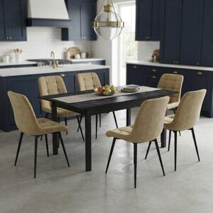 Set Masă Extensibilă Bucătărie / Dining Mara Negru Marmorat 130–170 × 75 cm cu 6 Scaune Onix Bej, Tapițate, Picioare Metalice Negre