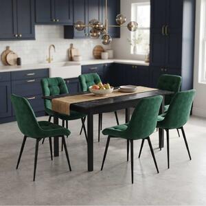Set Masă Extensibilă Bucătărie / Dining Mara Negru Marmorat 130–170 × 75 cm cu 6 Scaune Onix Verde, Tapițate, Picioare Metalice Negre