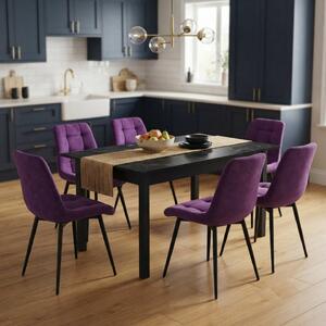 Set Masă Extensibilă Bucătărie / Dining Mara Negru Marmorat 130–170 × 75 cm cu 6 Scaune Onix Mov, Tapițate, Picioare Metalice Negre